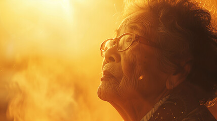 Old woman at sunset, close up portrait, golden tones
