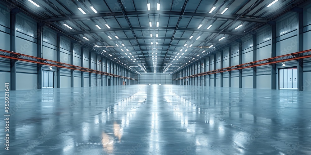 Poster a vast, empty industrial warehouse with a high ceiling and numerous bright overhead lights, creating