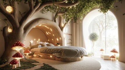 A child room with a tree-themed bed frame and mushroom-shaped nightlights, fostering a whimsical and magical sleeping environment