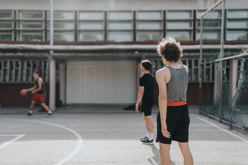 Friends play basketball in their neighborhood on an old court, enjoying a sunny day and emphasizing friendship and outdoor fun.