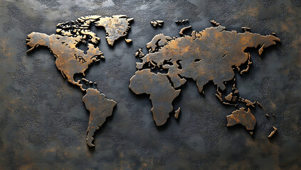 A beautifully crafted world map in bronze tones, showcasing intricate details on a textured background, perfect for decor and design.