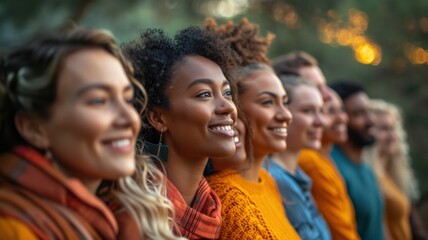 Fototapeta premium Group of Diverse Smiling Friends Outdoors in Autumn Daylight, Wearing Colorful Warm Clothes, Unity and togetherness Concept, Natural BackgroundDiverse