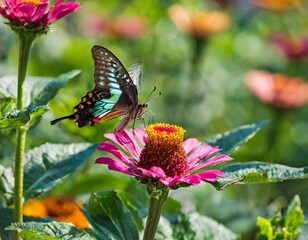 Butterflies Fluttering Around Blooming Flowers in Vibrant Garden Scene

