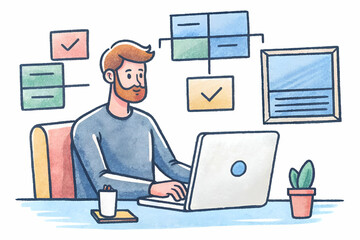 A man is sitting at a desk with a laptop and a cup of coffee. He is focused on his work and he is in a serious mood