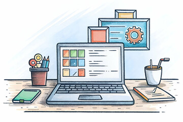 A laptop is on a desk with a cup, a pen, and a notebook. The laptop is open and the screen is lit up. The desk is cluttered with various items, including a potted plant, a cell phone