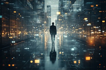 A silhouette of a lone figure stands amidst a sleek, modern cityscape, surrounded by towering buildings with reflective glass surfaces. 