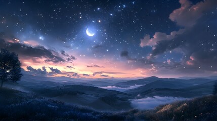 Serene and Enchanting Moonlit Night Landscape with a Glowing Sky Full of Twinkling Stars and Wispy Pastel Clouds Drifting Over Gentle Rolling Hills
