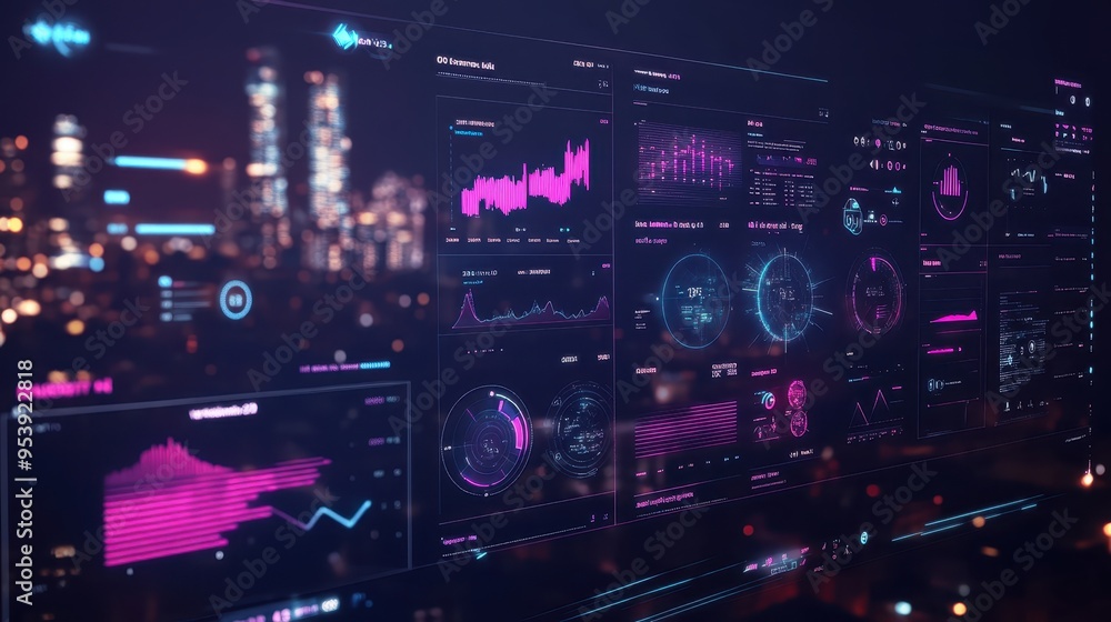 Poster futuristic data analysis interface with glowing graphs and charts against a blurred city skyline at 