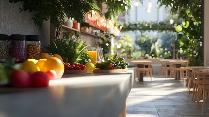 A bright brunch spot with 3D-rendered fresh fruits vegetables and weekly changing menu