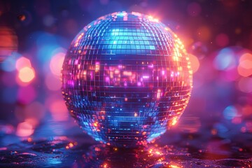 Fototapeta premium Vibrant Multicolored Disco Ball in a Neon-Lit Environment Reflecting Bright Lights and Bokeh Effects Captures the Essence of Nightlifedisco ball