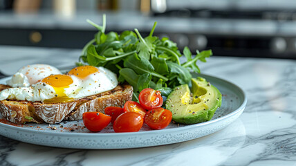 Delicious avocado toast with eggs and arugula on a stylish marble background