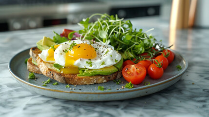 Delicious avocado toast topped with poached egg and side salad at breakfast