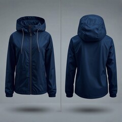 Dark blue windbreaker, mock up template, front and back view, isolated on white, plain Dark blue windbreaker,. Dark blue windbreaker, design presentation for print

