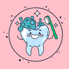 Tooth character in protective bubble. Germs characters attack. Vector flat cartoon illustration