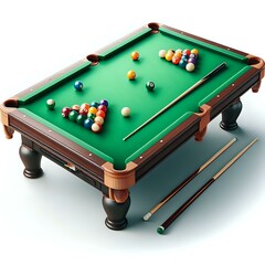 billiard table with balls and cue