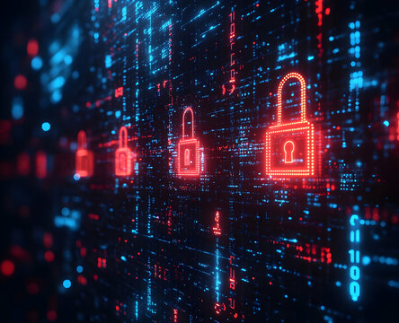 A digital landscape featuring glowing padlock symbols, representing cybersecurity and data protection in a futuristic setting.
