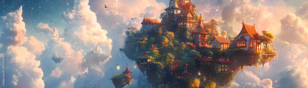 Poster a whimsical floating village nestled in the clouds where sparkling stars hang like lanterns casting 