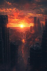 Vibrant Sunset Over Crumbling Metropolis: End of an Era, Hope for a New Beginning - Ideal for Posters