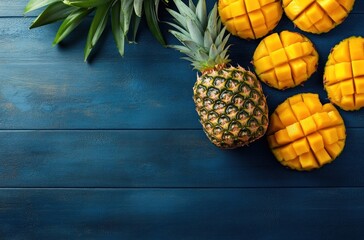 Pineapple and Mango Slices on Blue Wooden Background