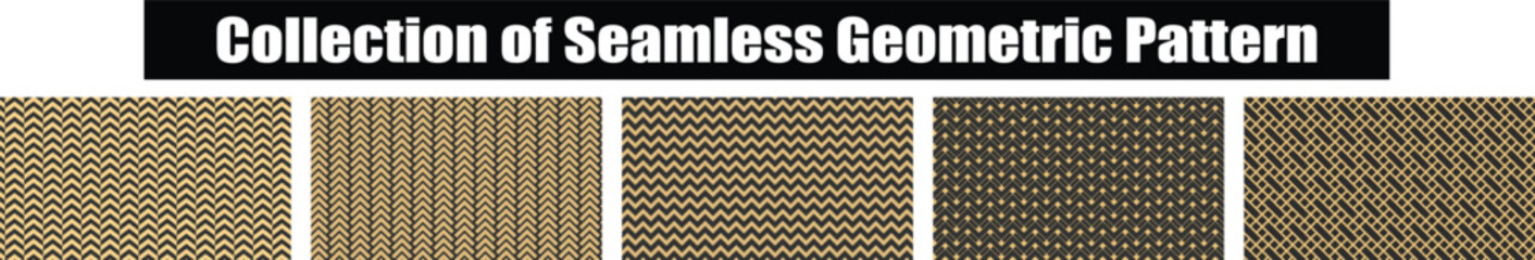 Seamless Geometric Pattern In gold and grey color. Vector set of lines, linear tiling, stripy weaving, optical maze, twisted stripes. Collection of modern textures for design and background.