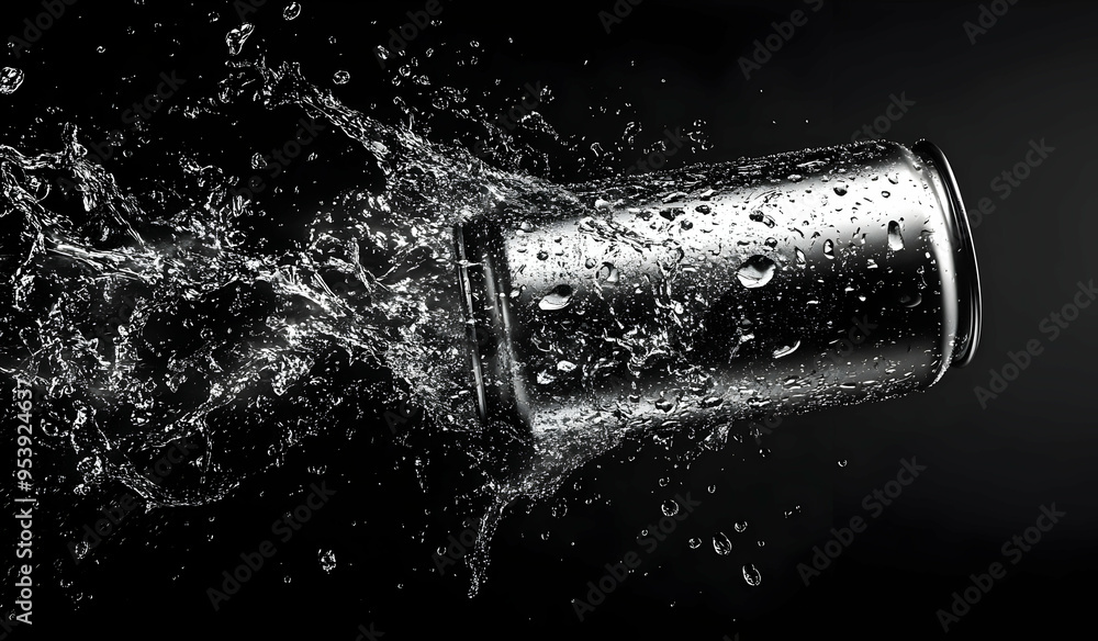 Poster a dynamic photo of a metallic can splashing water, showcasing fluid motion and refreshing energy on 