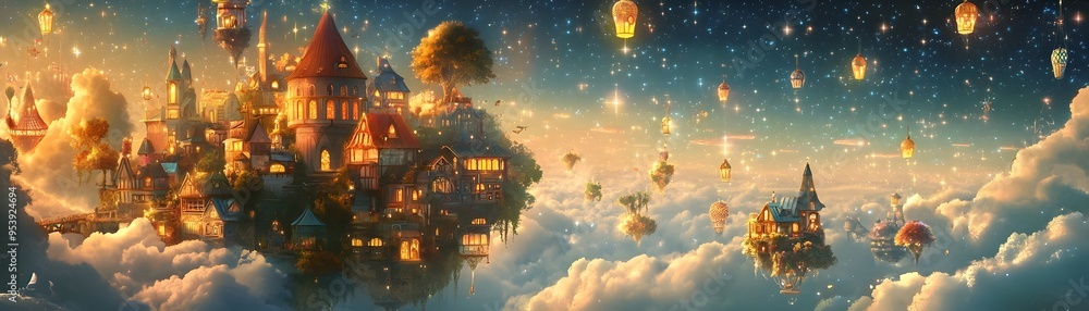 Poster whimsical floating village nestled in the clouds where sparkling stars hang like lanterns casting a 