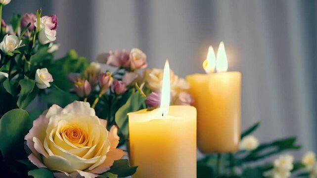 White flower lies on the coffin at a funeral service, flickering candle flames. AI generated.