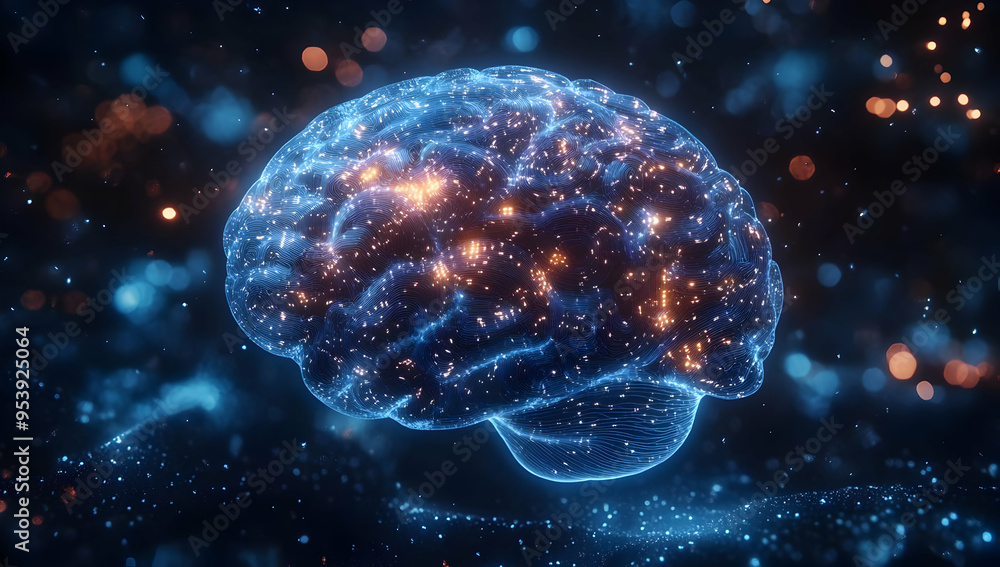 Poster a glowing brain illustration, showcasing neural connections and dynamic energy, representing intelli