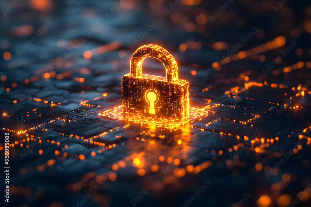 Poster a glowing digital lock symbolizing cybersecurity and data protection in a high-tech environment.