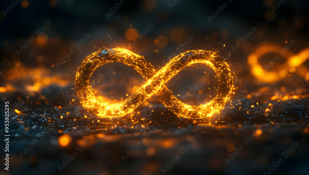 Poster a glowing infinity symbol made of sparkling orange particles, representing endless possibilities and