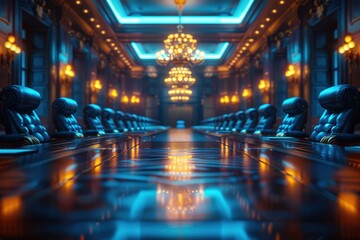 Obraz premium Stunning luxurious conference room with ornate chandeliers, illuminated blue and gold lighting, long polished table with black leather chairsopulent