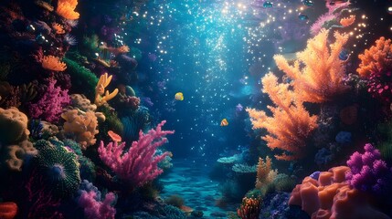 Fototapeta premium A dreamy underwater scene where sparkling stars drift like bubbles illuminating a surreal landscape of vibrant corals and gentle colorful fish swimming in a peaceful tranquil environment