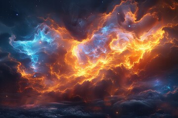 Fototapeta premium Vibrant cosmic cloud formations illuminated by fiery orange and cool blue celestial lights in a dark starry outer space scenegalaxy