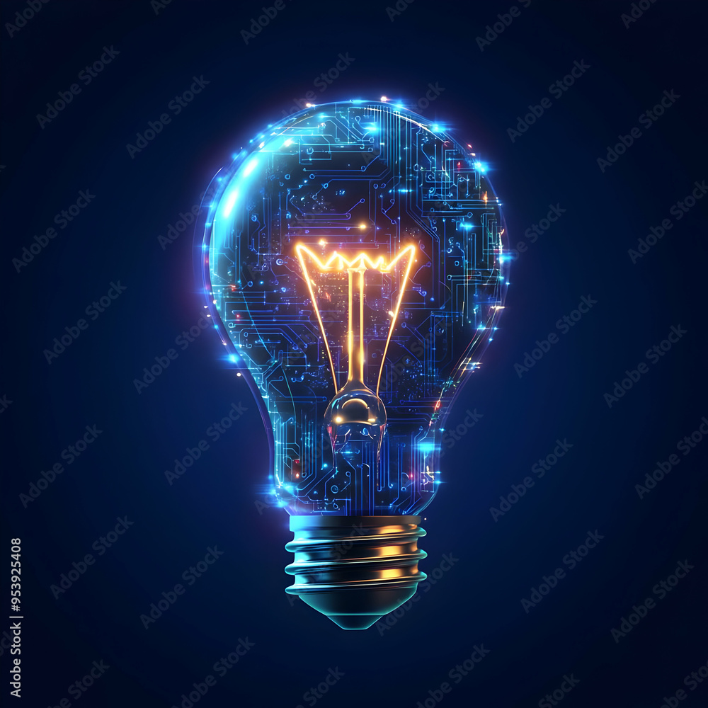 Poster a glowing light bulb with digital circuits, symbolizing innovation and modern technology in a dark b