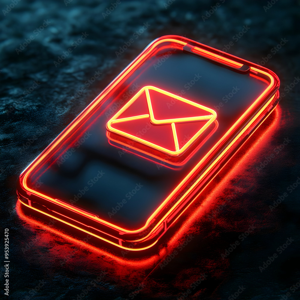 Poster a glowing neon smartphone displaying an envelope icon, symbolizing digital communication and messagi
