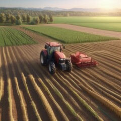 Obraz premium **Harvesting Harmony: Tractor's Dance Amidst Golden Fields**