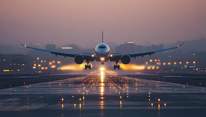 A majestic airplane landing on a runway, illuminated by runway lights at dusk, showcasing aviation beauty and technology.