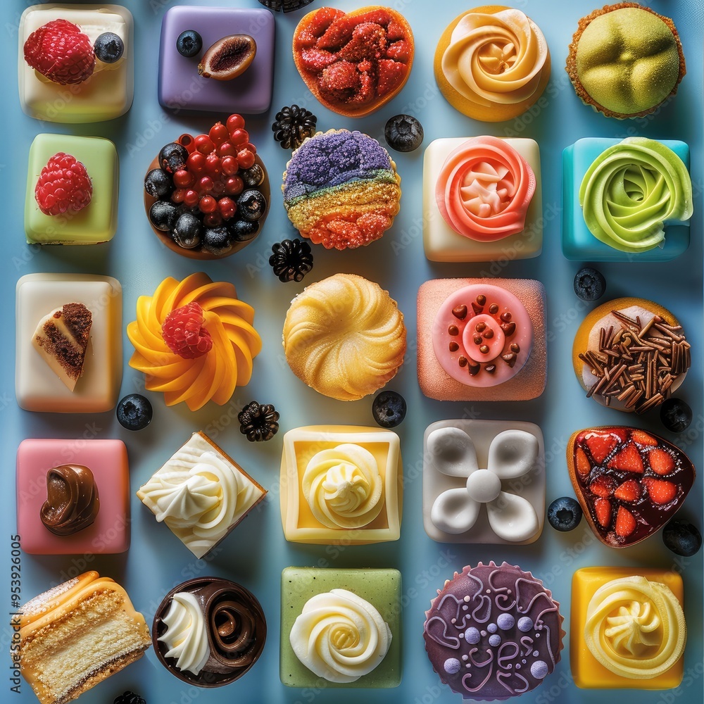 Poster colorful desserts background, featuring vibrant and colorful desserts arranged in an aesthetically p