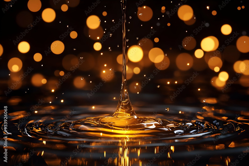 Poster a mesmerizing close-up of a drop of golden liquid creating ripples in the water, reflecting a soft b