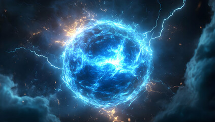 A mesmerizing blue energy sphere surrounded by lightning, showcasing the beauty of cosmic phenomena and vibrant colors.