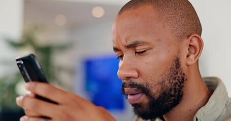 Black man, phone and stress for news in office with reading, sad for info or problem. Male entrepreneur, mobile and anxiety for notification with credit report or tax compliance, angry with economy