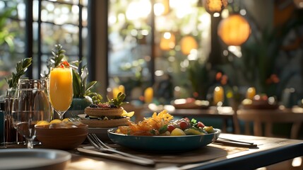 A fresh vibrant brunch spot with 3D-rendered dishes made from farmers market ingredients