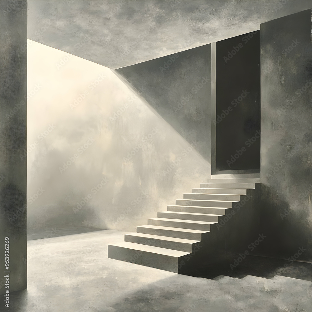 Poster a minimalist interior featuring stairs illuminated by soft light, creating an atmosphere of calm and