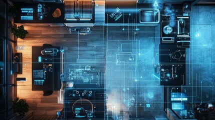 Smart Kitchen Ecosystem: Top-Down View of Connected Home Network with Dishwashing Machine and Appliances.