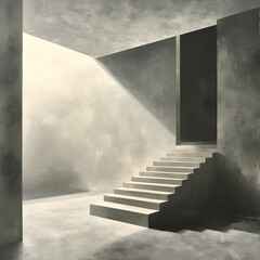 A minimalist interior featuring stairs illuminated by soft light, creating an atmosphere of calm and contemplation.