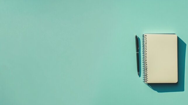 A high-quality stock image of a minimalist desk with a notebook and pen on the right side, leaving space on the left for text. Ideal for office decor, productivity themes, and work-related content.