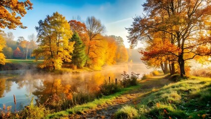 Fototapeta premium Scenic Autumn Lake with Mist and Vibrant Foliage at Sunrise 