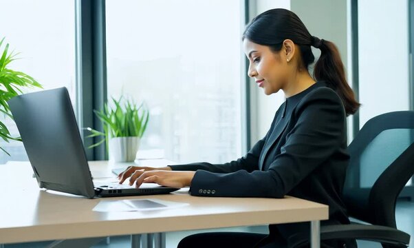 Iranian Woman Working on Laptop in Modern Office