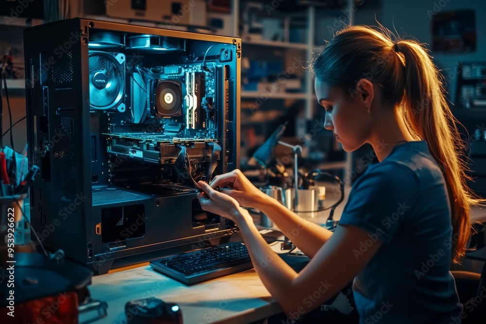 Poster woman building custom computer in organized workspace with high tech equipment