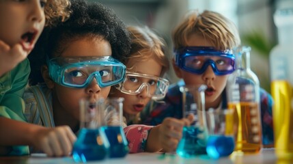 A group of children wearing blue safety goggles are looking at a table full of c